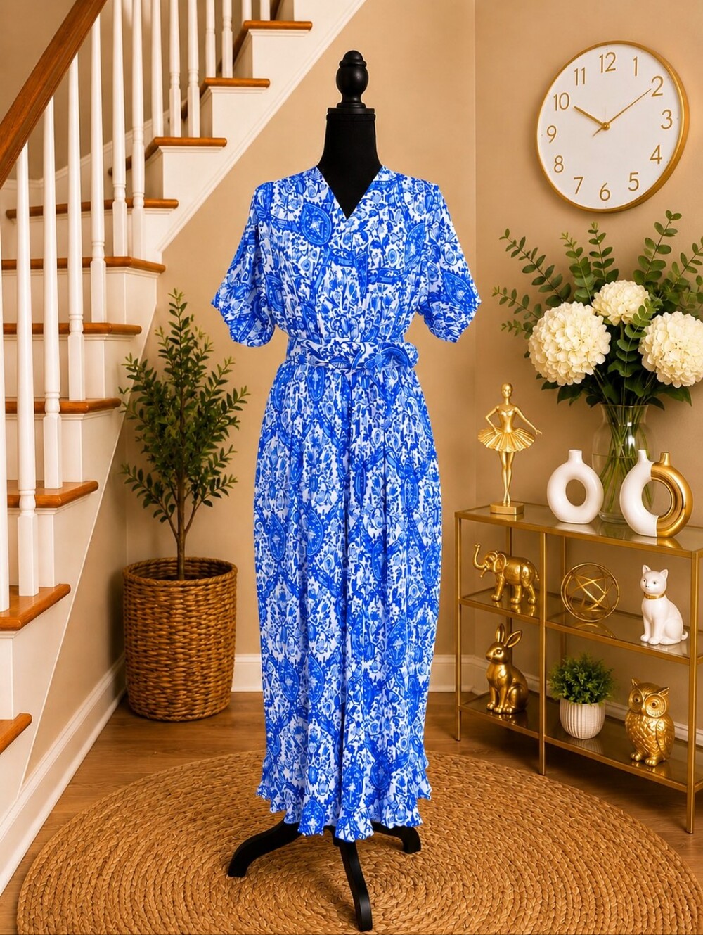 Blue Floral Jumpsuit with Belt